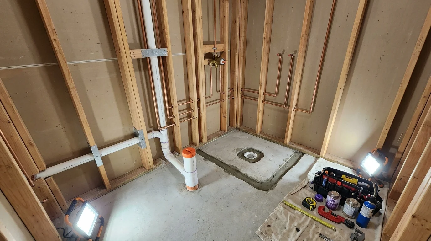 Bathroom rough-in plumbing during remodel by Johns Plumbing LLC in Jeffersonville