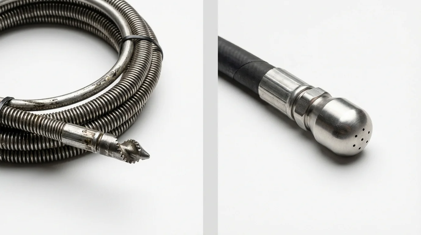 Drain snake cable and hydro jetting nozzle used for drain cleaning in Jeffersonville, KY