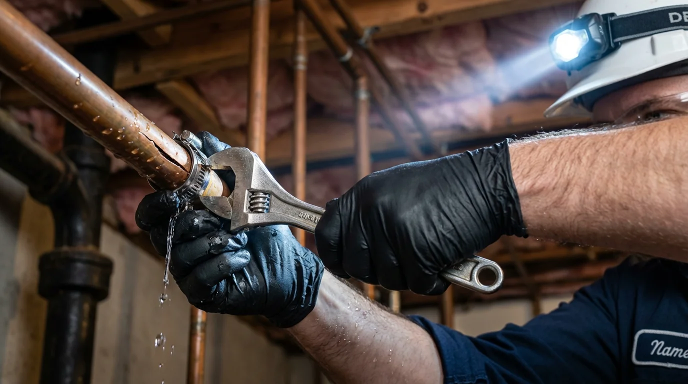 Emergency pipe clamp repair being performed by a Johns Plumbing LLC plumber in Jeffersonville