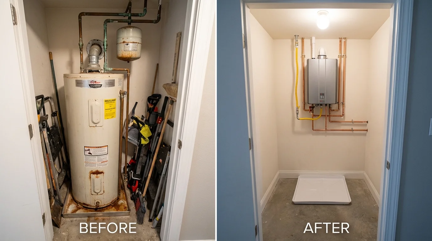 Tank water heater versus wall-mounted tankless unit comparison for Jeffersonville, KY homeowners