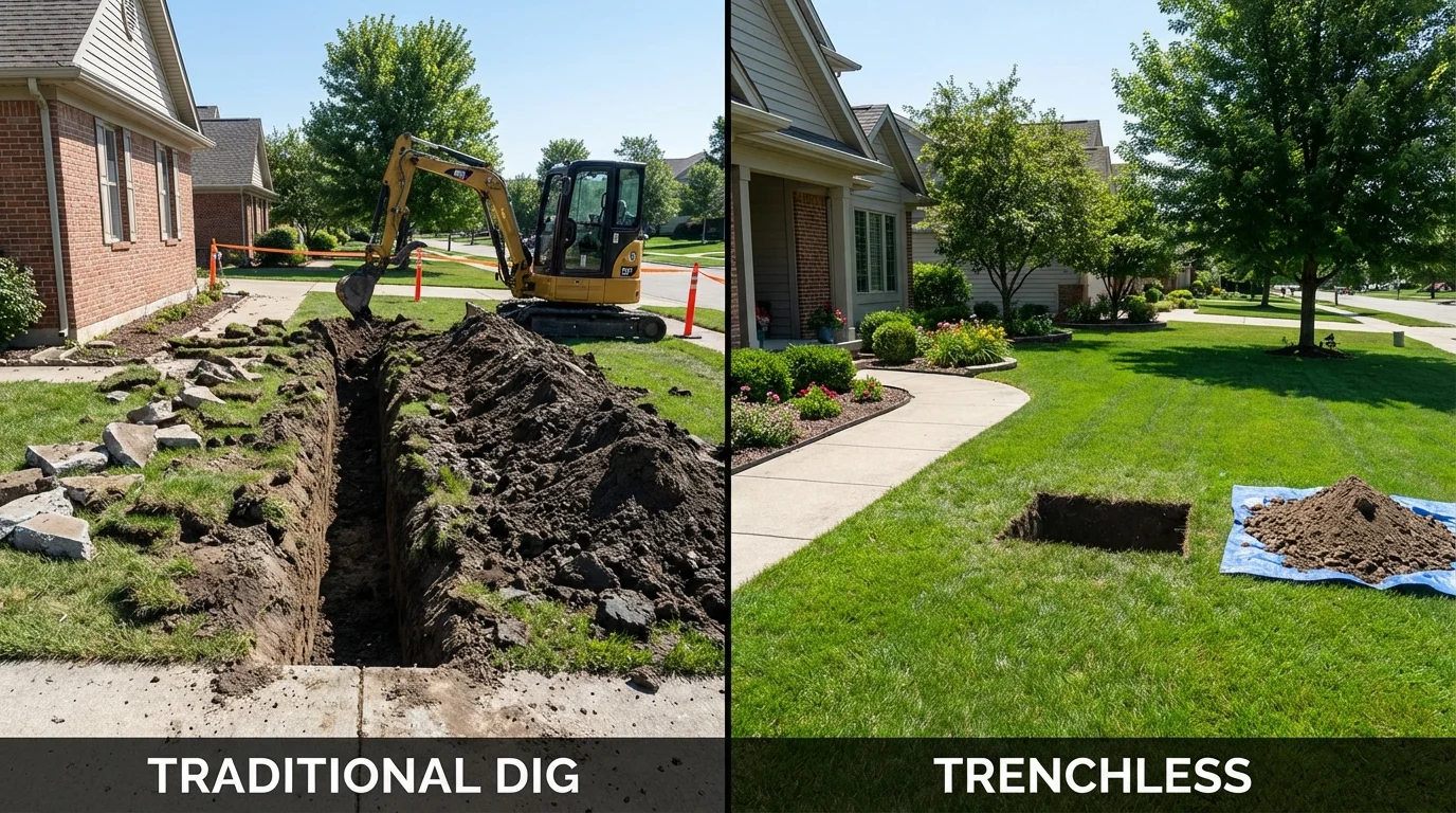 Trenchless sewer repair with minimal yard damage versus traditional excavation in Jeffersonville, KY