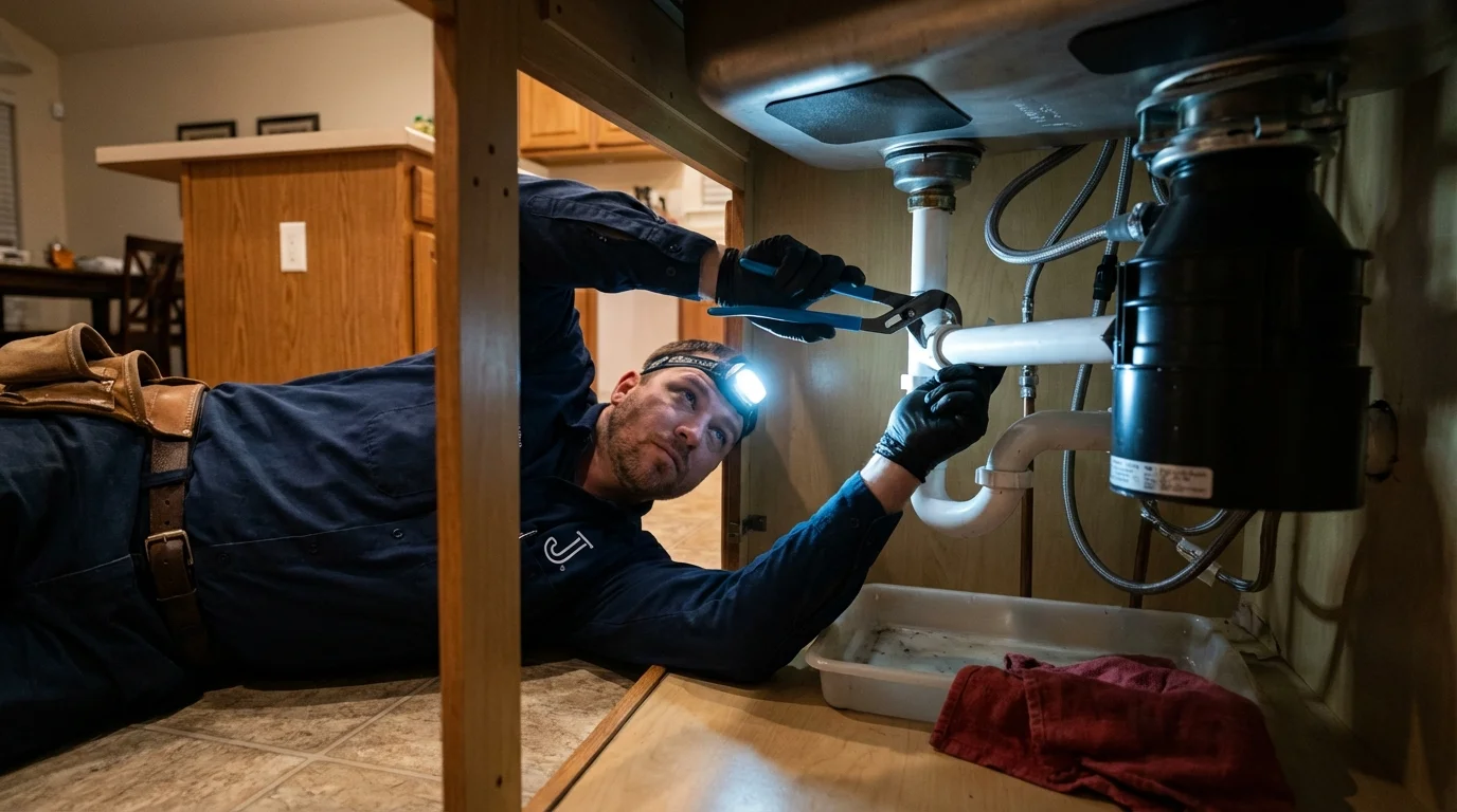 P-trap and supply line connections under a kitchen sink showing a common leak point in Jeffersonville, KY